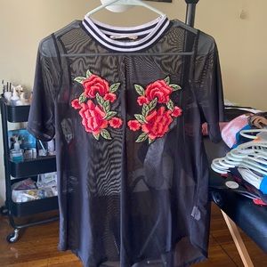 Sheer rose breast decal shirt